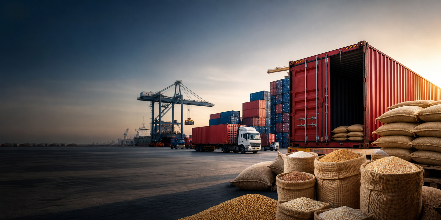 Agricultural commodity sacks beside shipping containers at a port logistics yard